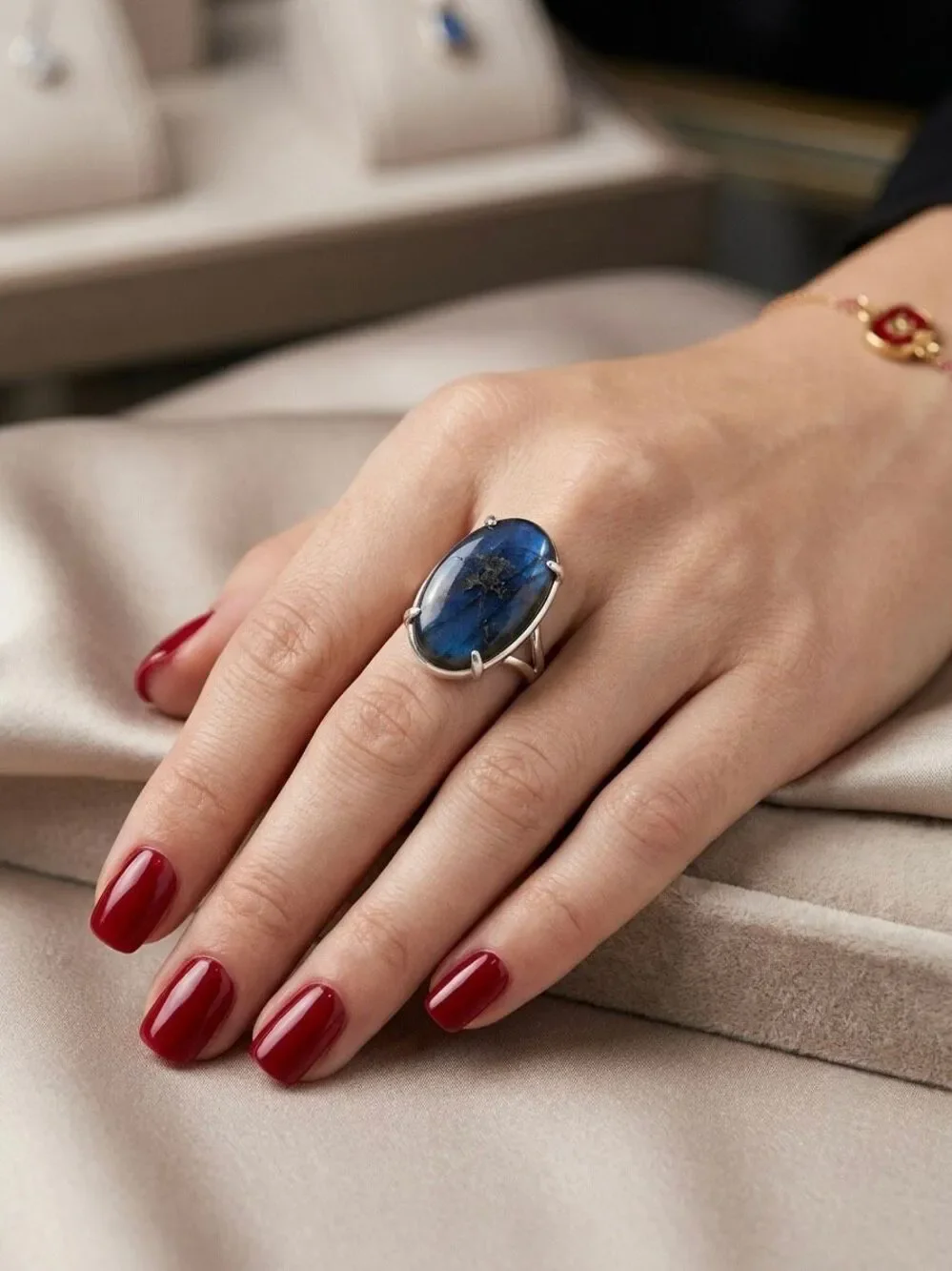 Natural Blue Labradorite Statement Silver Ring Large Oval Stone Flashy Gemstone